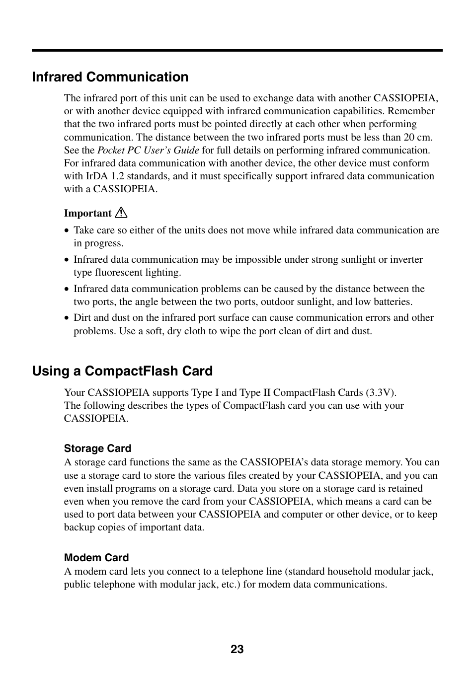 Infrared communication, Using a compactflash card, Infrared communication using a compactflash card | Casio E-200 User Manual | Page 23 / 48
