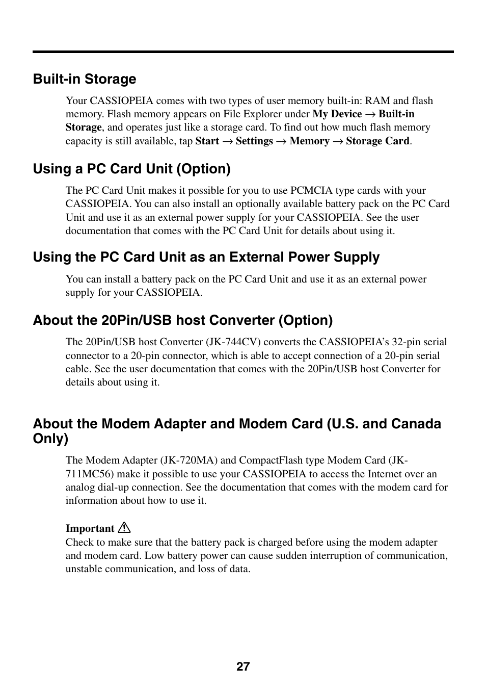 Built-in storage, Using a pc card unit (option), Using the pc card unit as an external power supply | About the 20pin/usb host converter (option) | Casio E-200 User Manual | Page 27 / 48