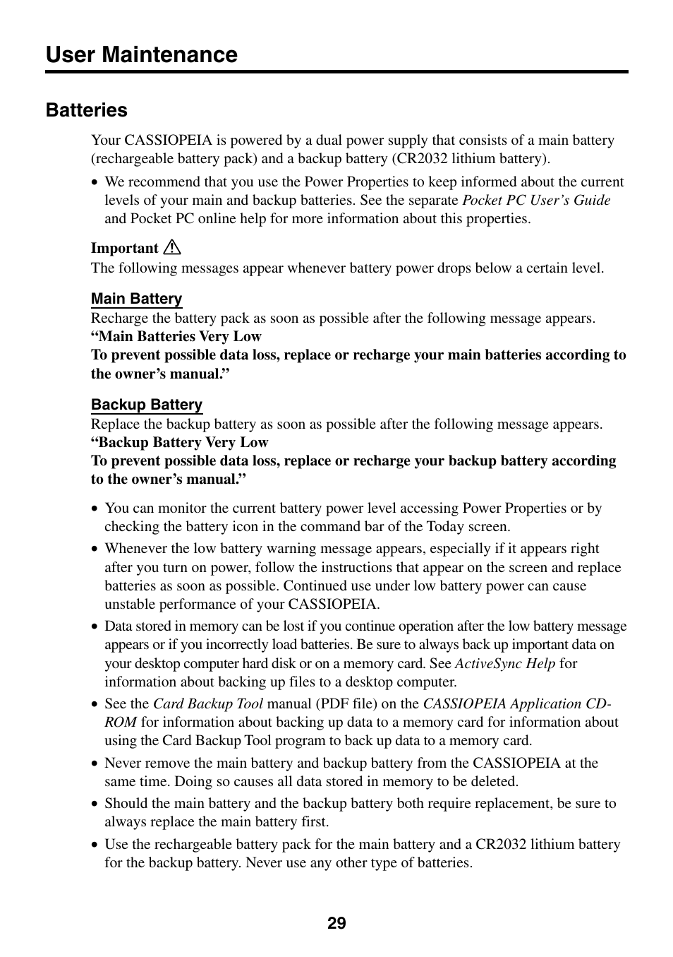 User maintenance, Batteries | Casio E-200 User Manual | Page 29 / 48