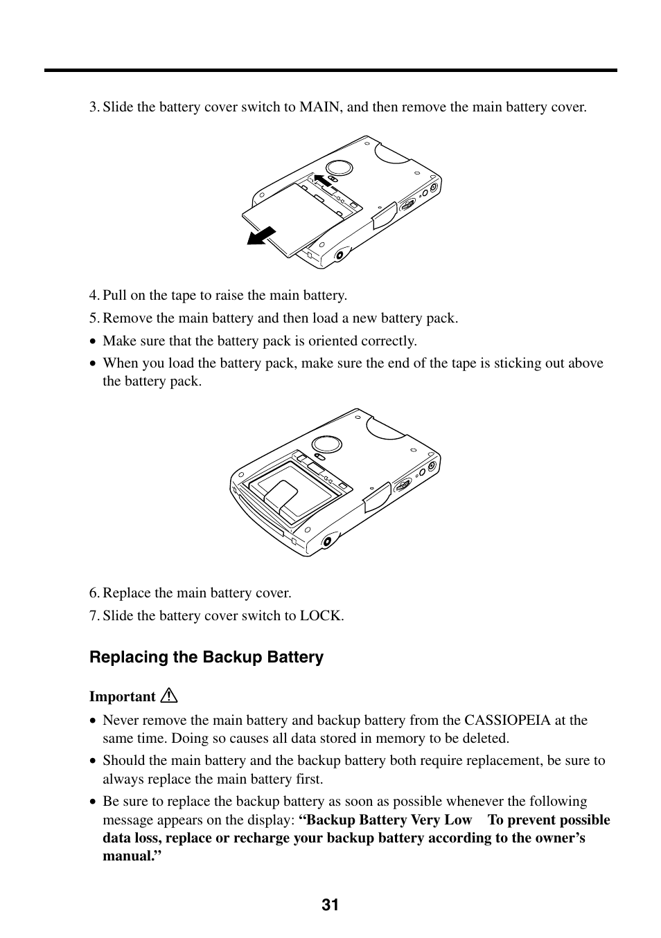 Replacing the backup battery | Casio E-200 User Manual | Page 31 / 48