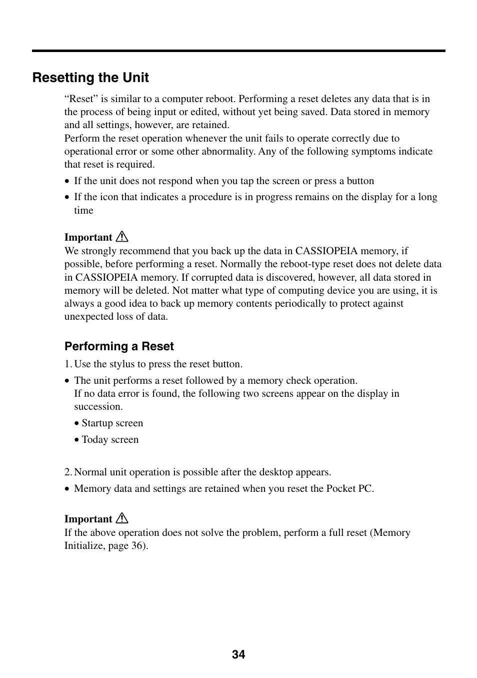 Resetting the unit, Performing a reset | Casio E-200 User Manual | Page 34 / 48
