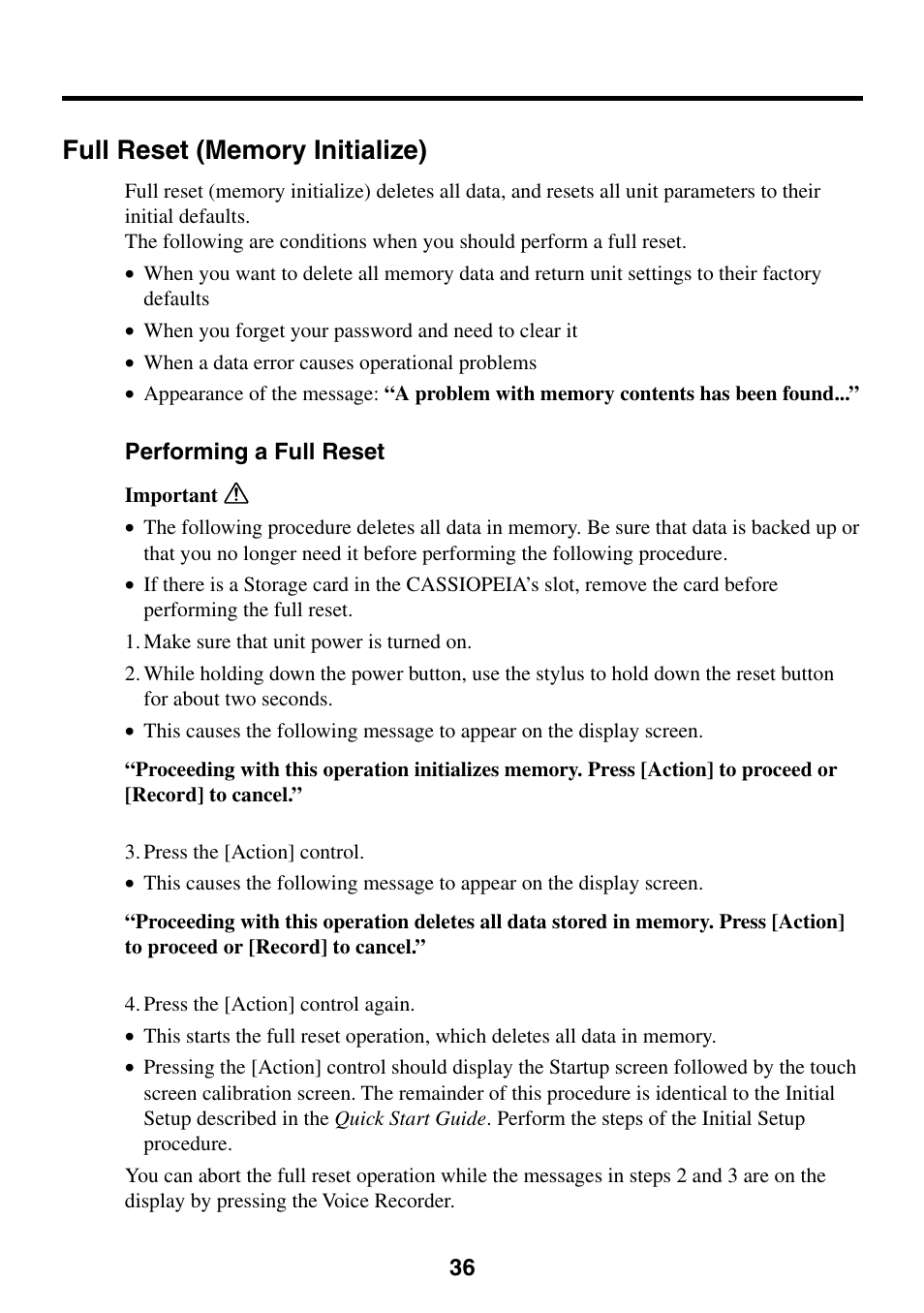 Full reset (memory initialize), Performing a full reset | Casio E-200 User Manual | Page 36 / 48