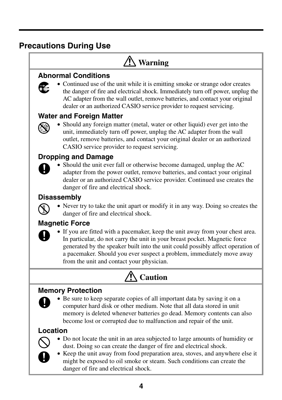 Precautions during use, Precautions during use warning, Caution | Casio E-200 User Manual | Page 4 / 48