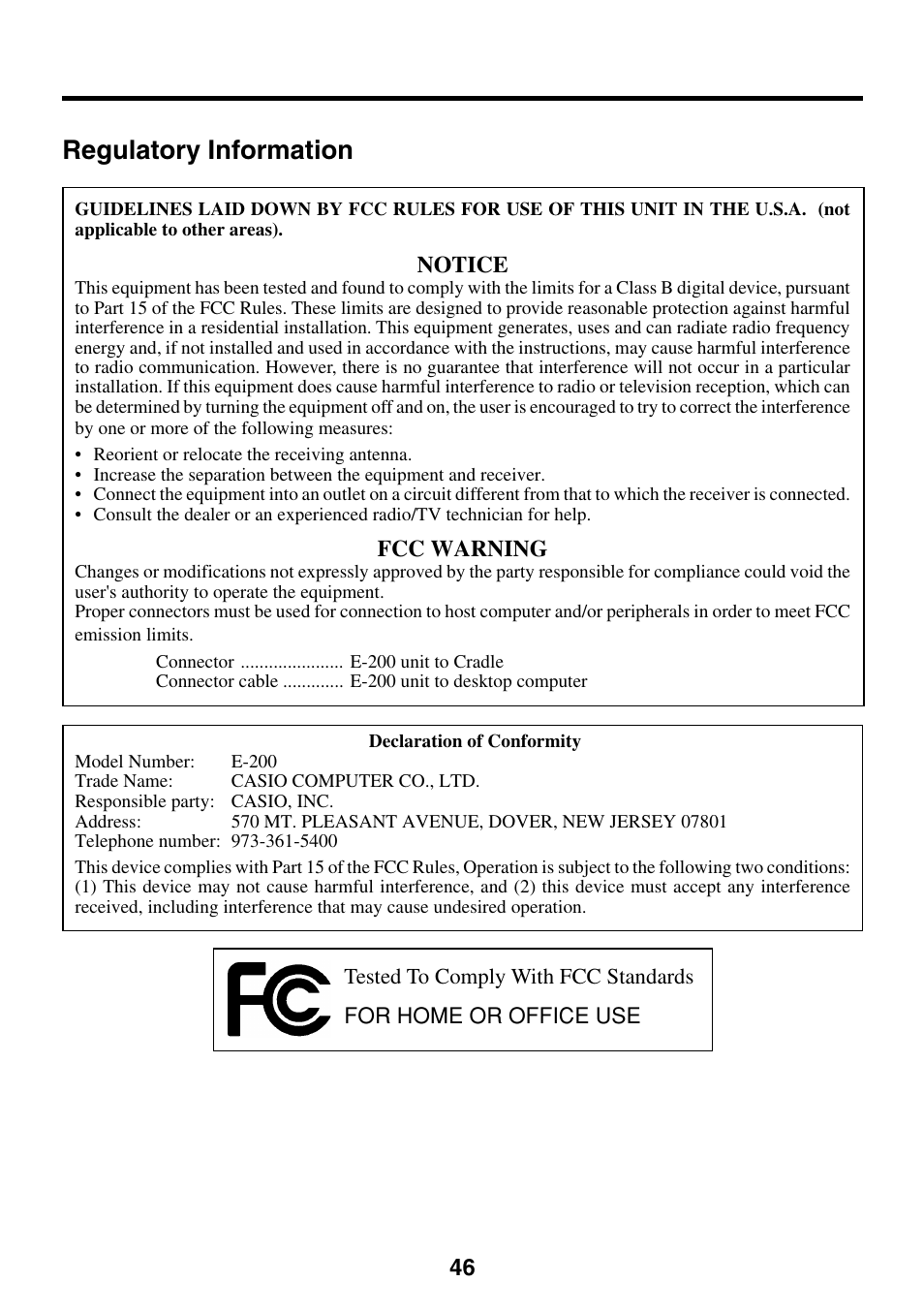 Regulatory information | Casio E-200 User Manual | Page 46 / 48