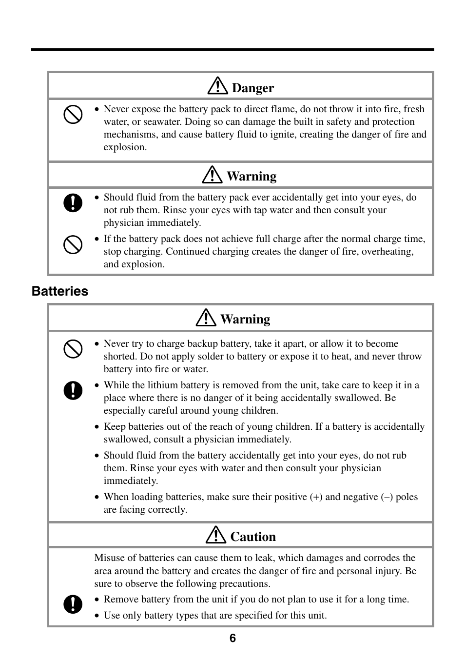 Batteries, Danger, Warning | Batteries warning, Caution | Casio E-200 User Manual | Page 6 / 48