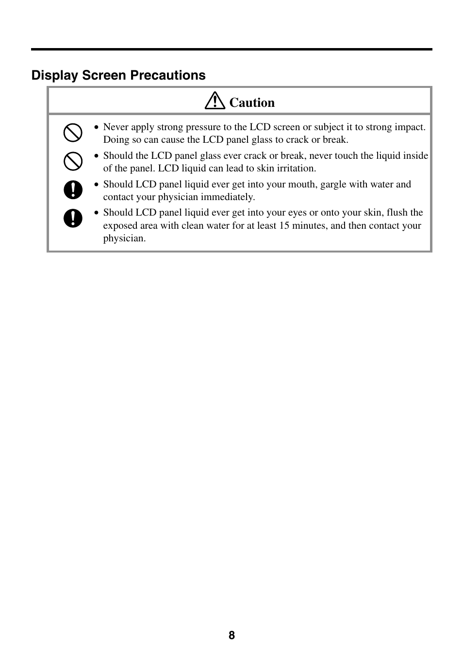 Display screen precautions, Display screen precautions caution | Casio E-200 User Manual | Page 8 / 48