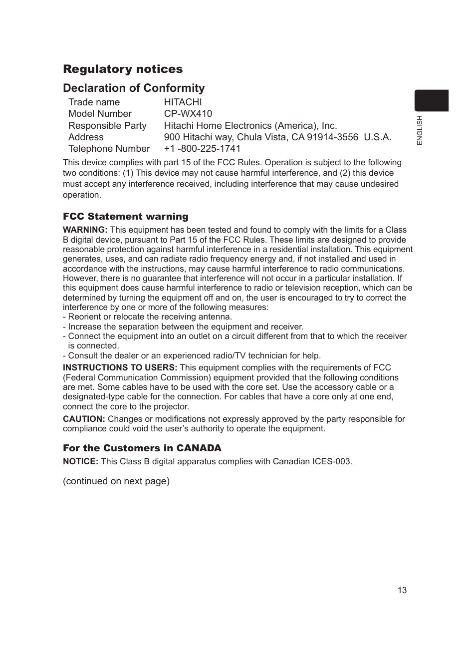 Regulatory notices declaration of conformity | Dukane Projector 8917H User Manual | Page 13 / 16