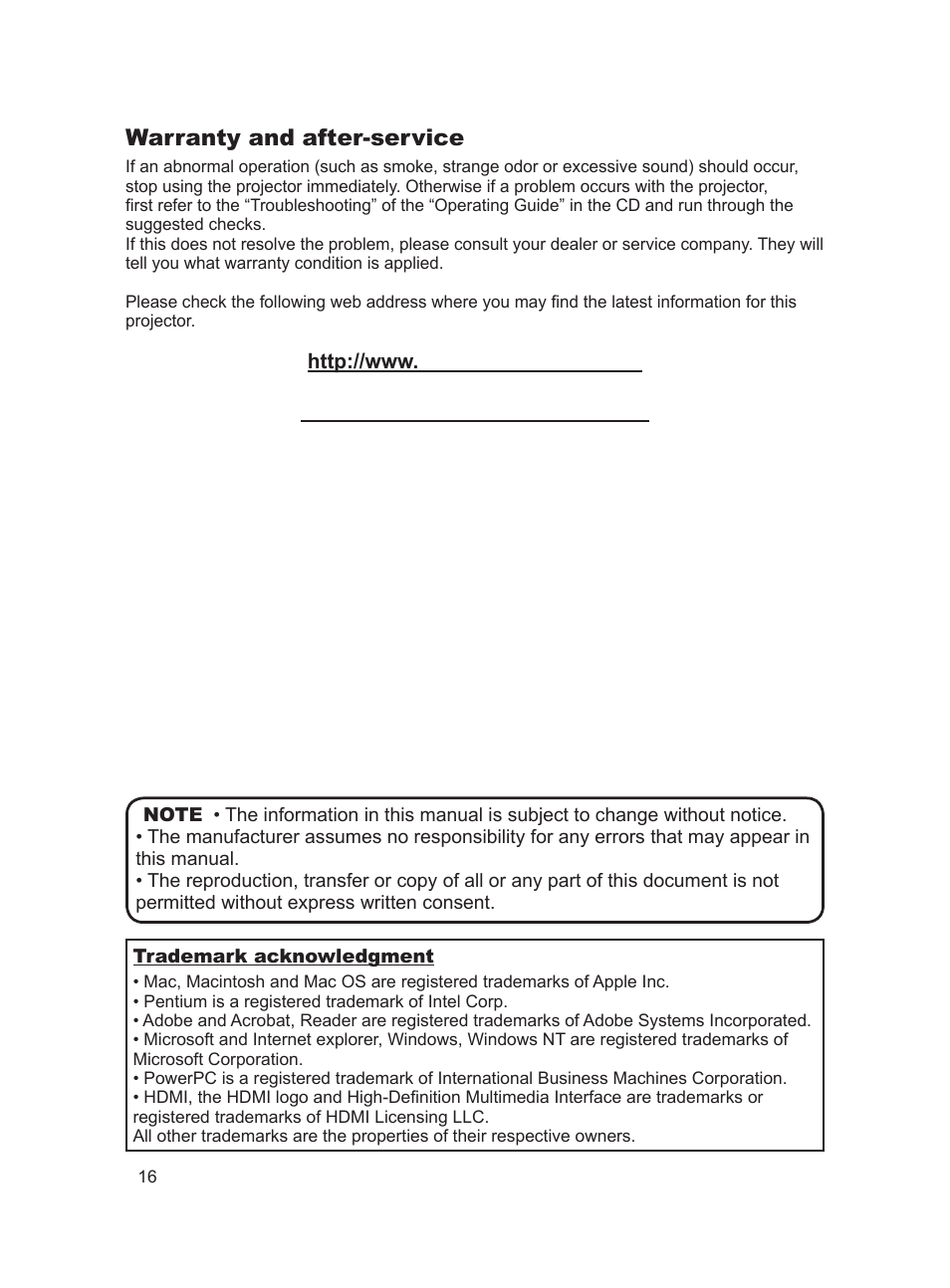 Warranty and after-service | Dukane Projector 8917H User Manual | Page 16 / 16