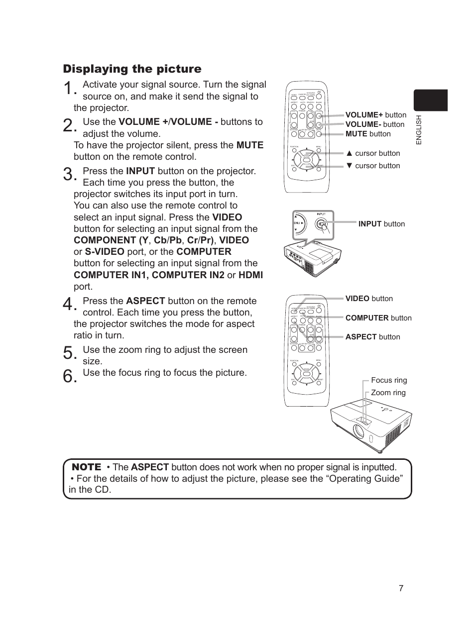 Displaying the picture, Use the zoom ring to adjust the screen size, Use the focus ring to focus the picture | Focus ring zoom ring | Dukane Projector 8917H User Manual | Page 7 / 16