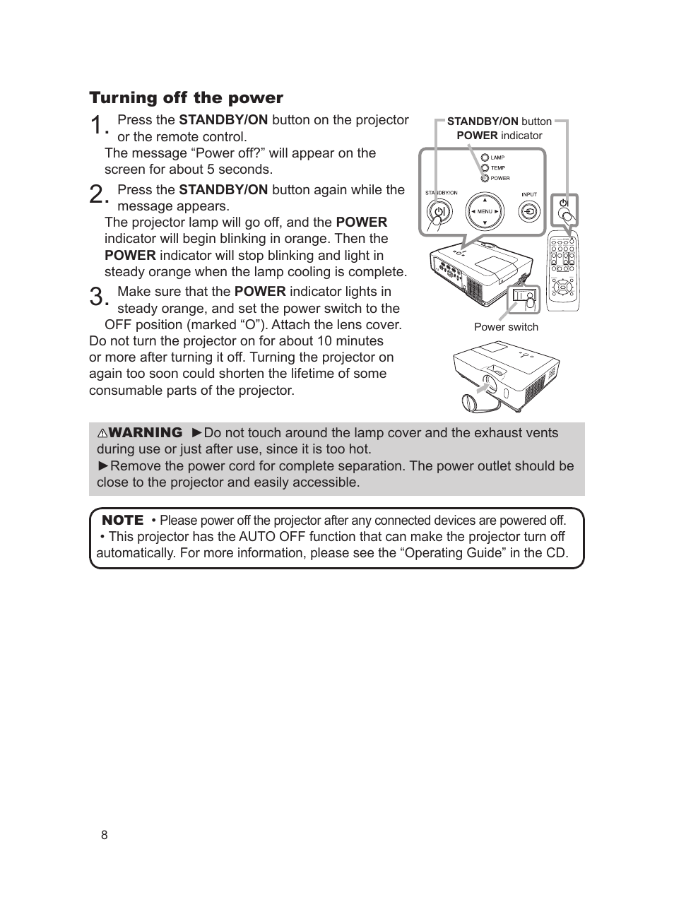 Turning off the power | Dukane Projector 8917H User Manual | Page 8 / 16