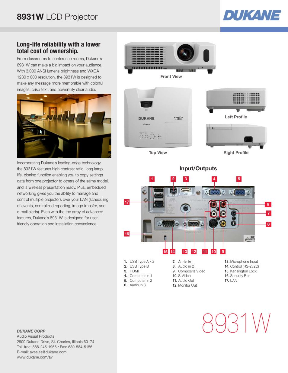 8931w, 8931w lcd projector | Dukane LCD Projector 8391W User Manual | Page 3 / 4