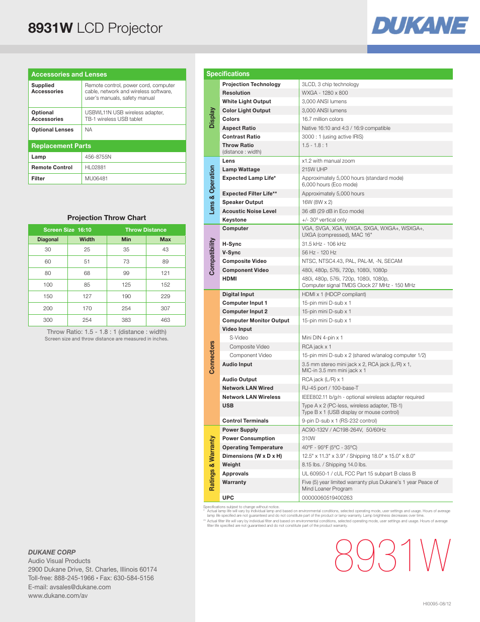 8931w, 8931w lcd projector | Dukane LCD Projector 8391W User Manual | Page 4 / 4