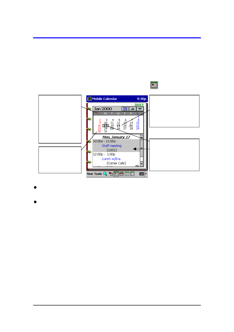 Viewing calendar data, Daily view | Casio E-125 Mobile Calendar V.2.0 User Manual | Page 14 / 31