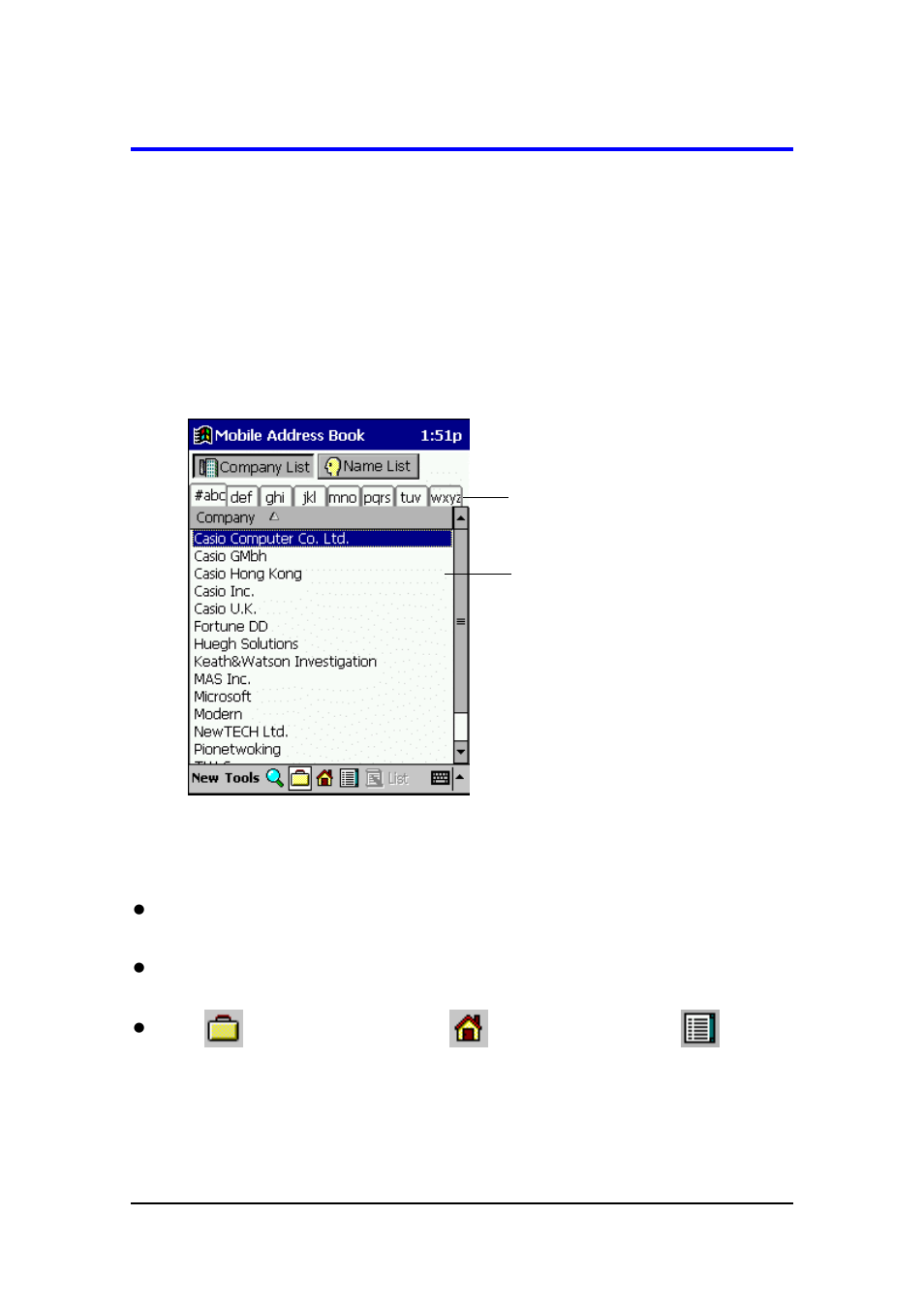 Mobile address book screens, Company list screen | Casio E-125 Mobile Address Book V.2.0 User Manual | Page 10 / 20