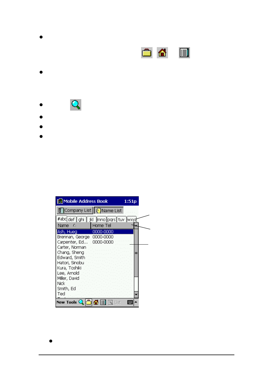 Name list screen | Casio E-125 Mobile Address Book V.2.0 User Manual | Page 11 / 20