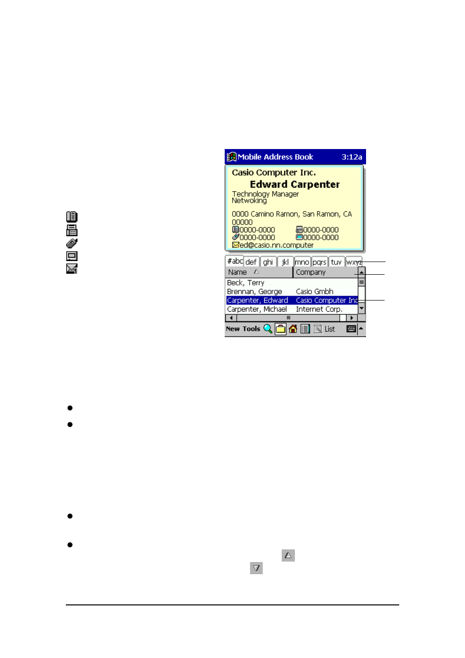 Business card screen | Casio E-125 Mobile Address Book V.2.0 User Manual | Page 13 / 20