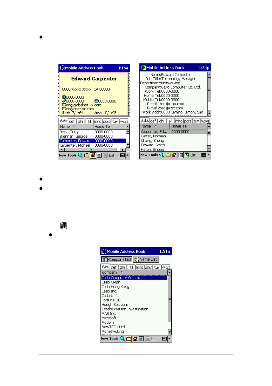 Starting up mobile address book 1 | Casio E-125 Mobile Address Book V.2.0 User Manual | Page 4 / 20