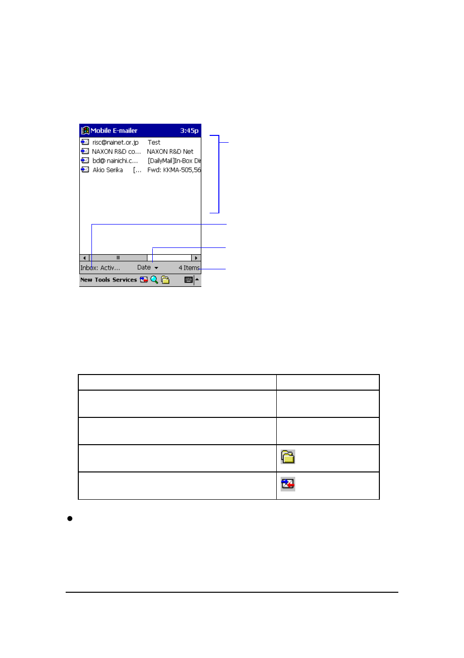 Message list screen | Casio EM-500 Mobile E-mailer V.1.0 User Manual | Page 5 / 72