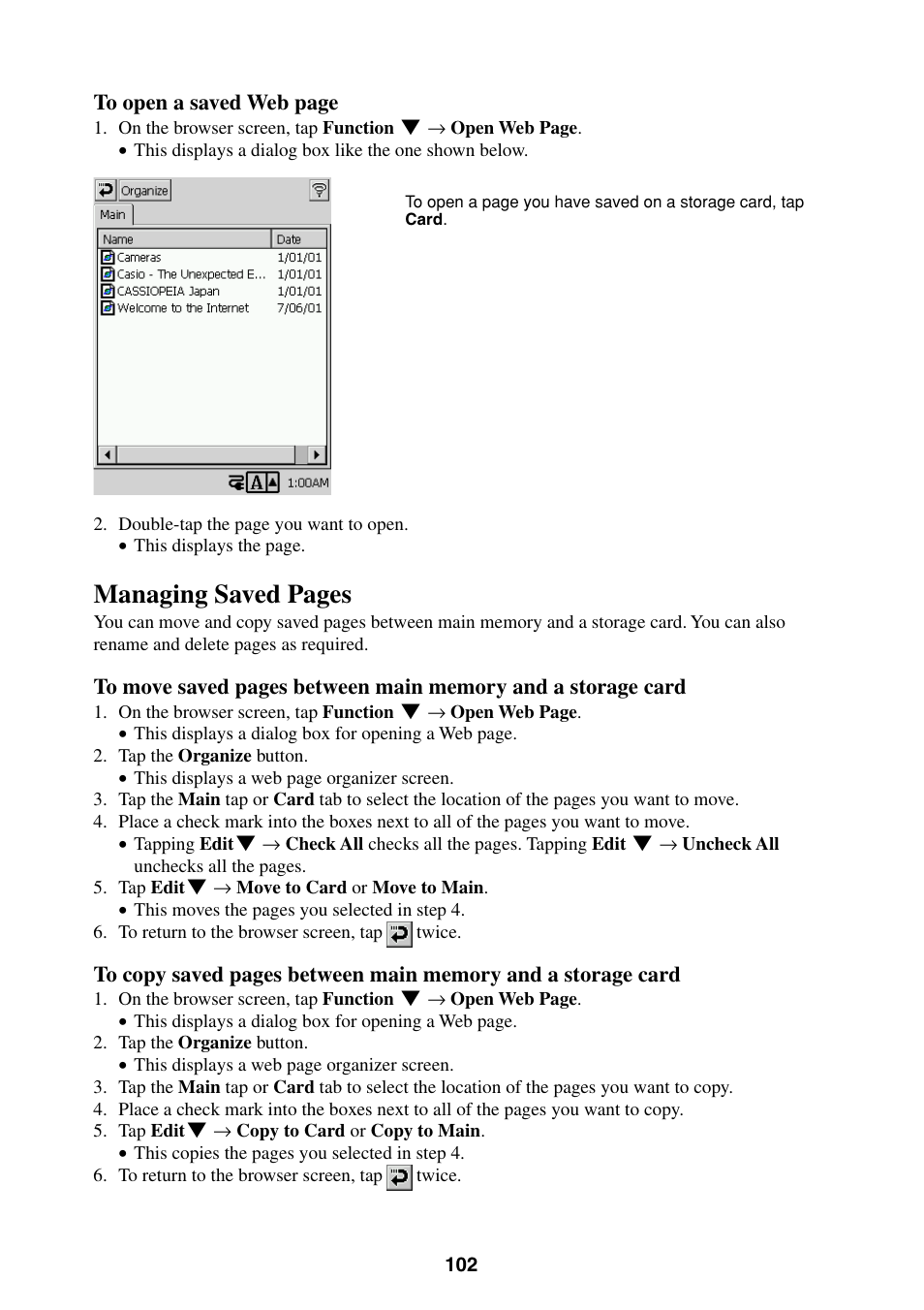 Managing saved pages | Casio BE-300 User Manual | Page 102 / 163