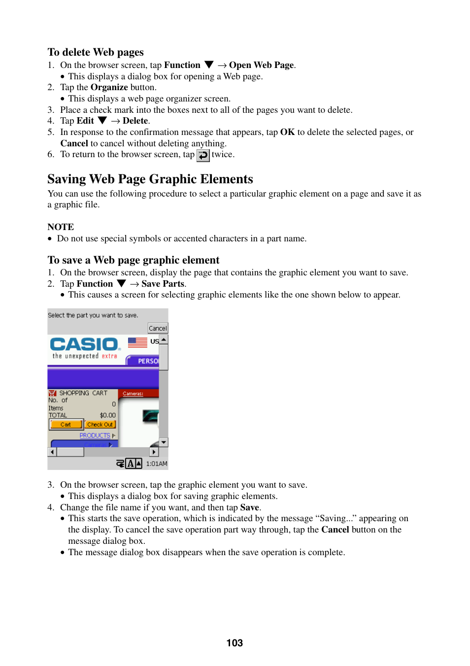 Saving web page graphic elements | Casio BE-300 User Manual | Page 103 / 163