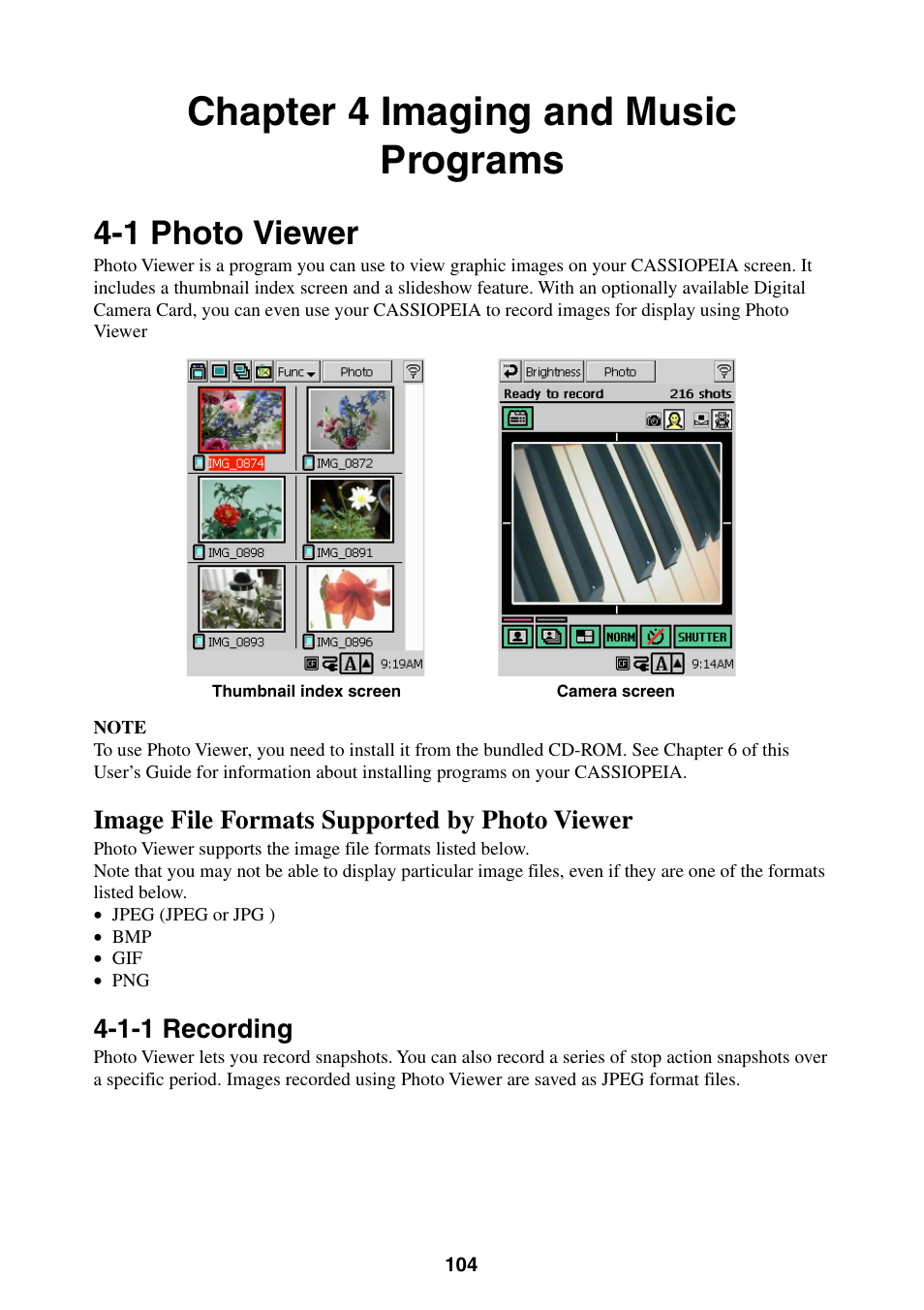 Chapter 4 imaging and music programs, 1 photo viewer, Image file formats supported by photo viewer | 1-1 recording | Casio BE-300 User Manual | Page 104 / 163