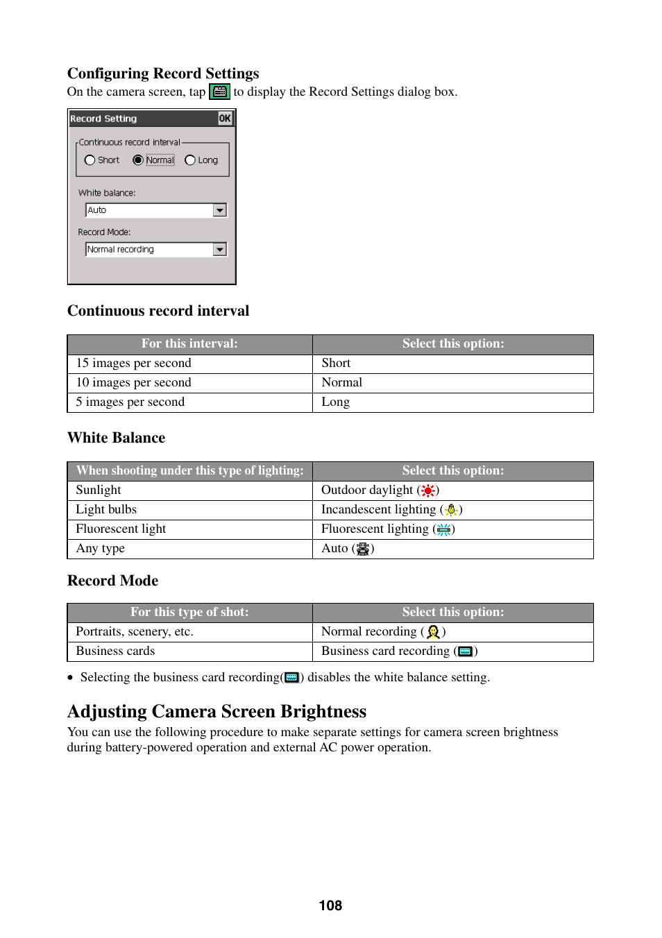 Adjusting camera screen brightness | Casio BE-300 User Manual | Page 108 / 163