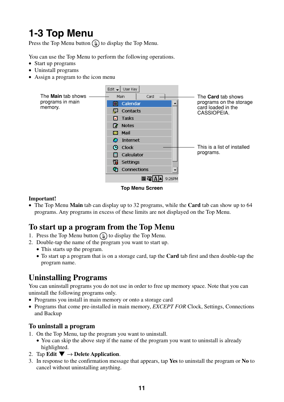 3 top menu, Uninstalling programs | Casio BE-300 User Manual | Page 11 / 163
