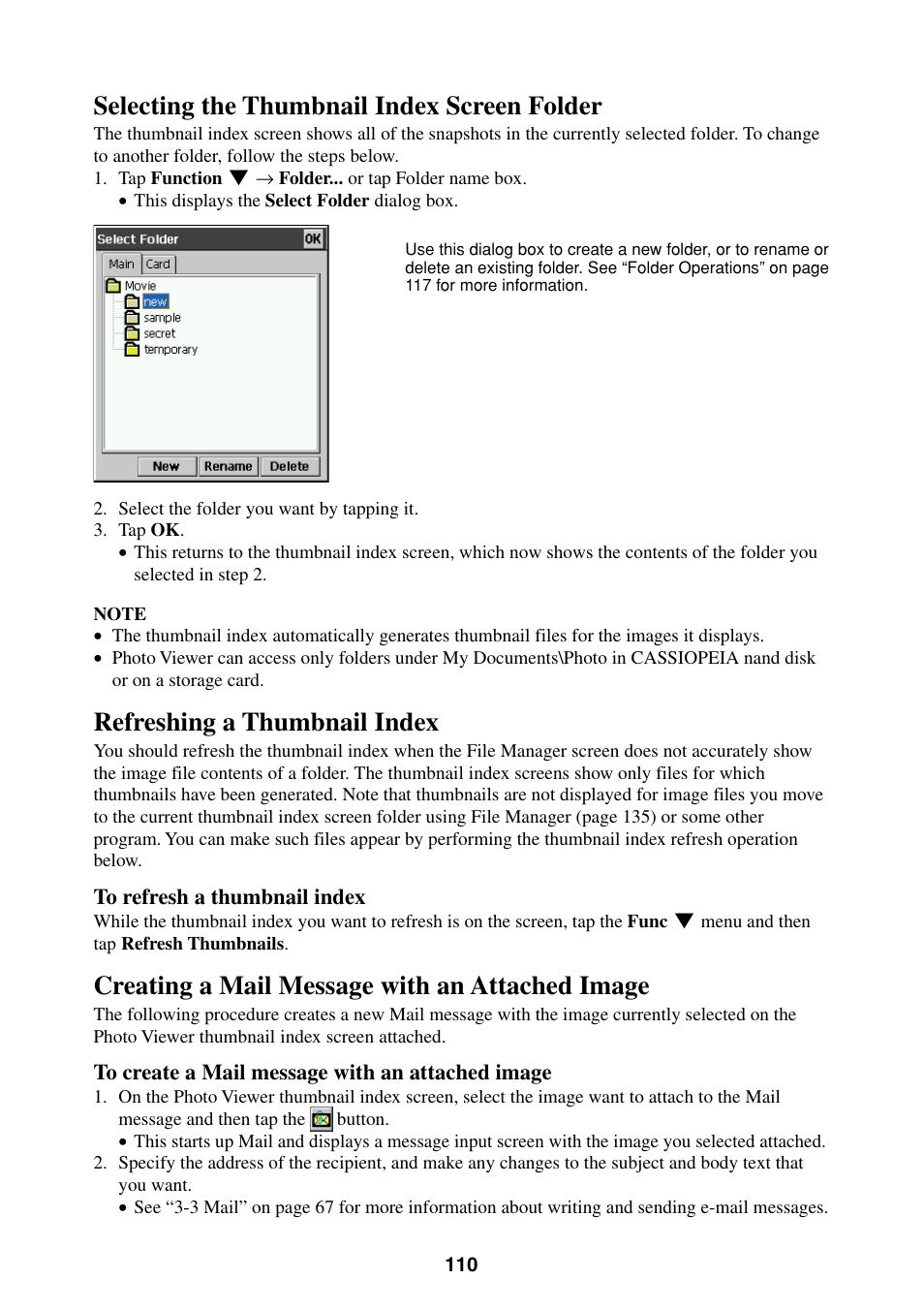 Selecting the thumbnail index screen folder, Refreshing a thumbnail index, Creating a mail message with an attached image | Casio BE-300 User Manual | Page 110 / 163