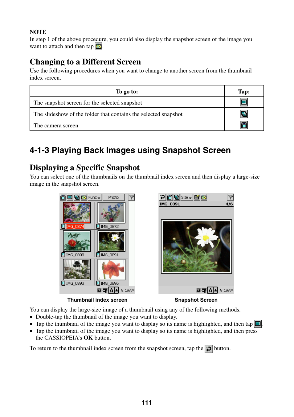 Changing to a different screen, 1-3 playing back images using snapshot screen, Displaying a specific snapshot | Casio BE-300 User Manual | Page 111 / 163