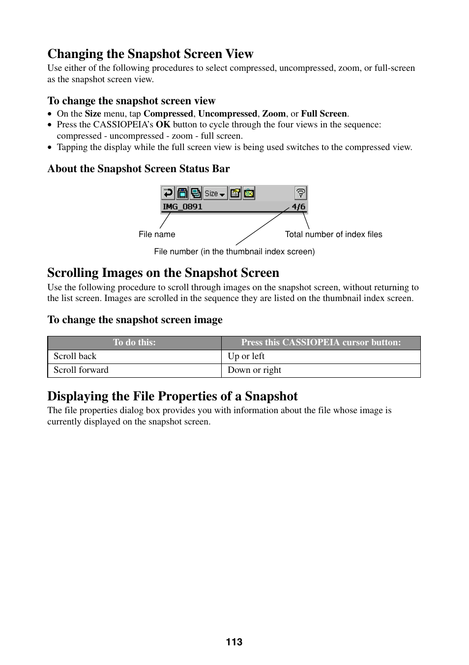 Changing the snapshot screen view, Scrolling images on the snapshot screen, Displaying the file properties of a snapshot | Casio BE-300 User Manual | Page 113 / 163