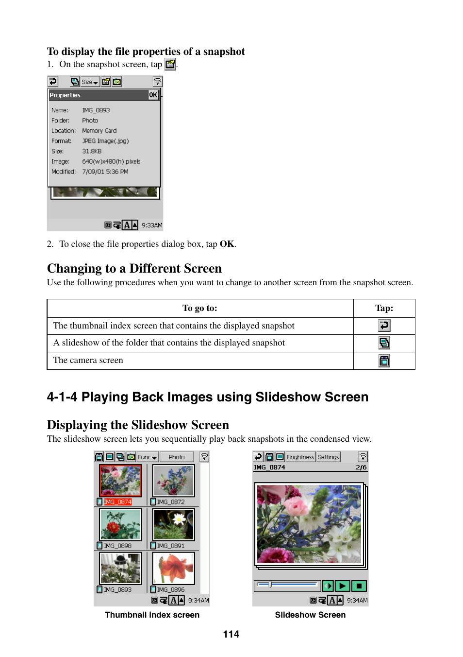 Changing to a different screen, 1-4 playing back images using slideshow screen, Displaying the slideshow screen | Casio BE-300 User Manual | Page 114 / 163