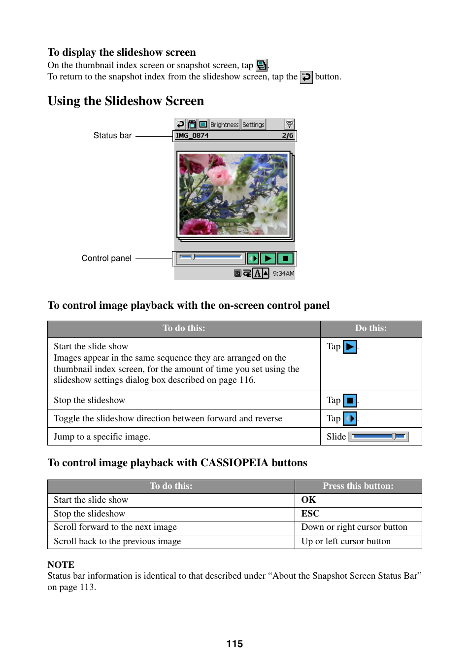 Using the slideshow screen | Casio BE-300 User Manual | Page 115 / 163