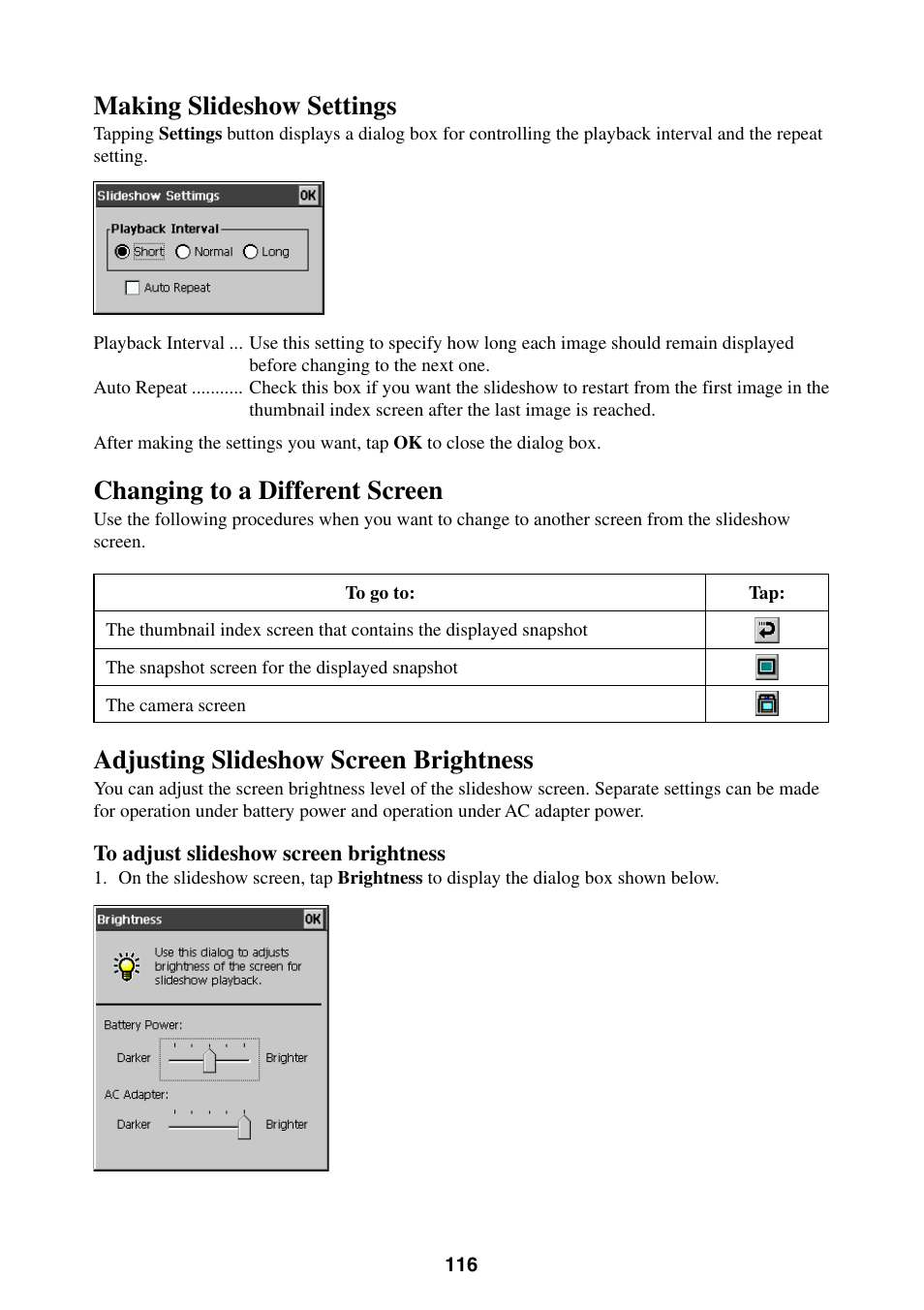 Making slideshow settings, Changing to a different screen, Adjusting slideshow screen brightness | Casio BE-300 User Manual | Page 116 / 163