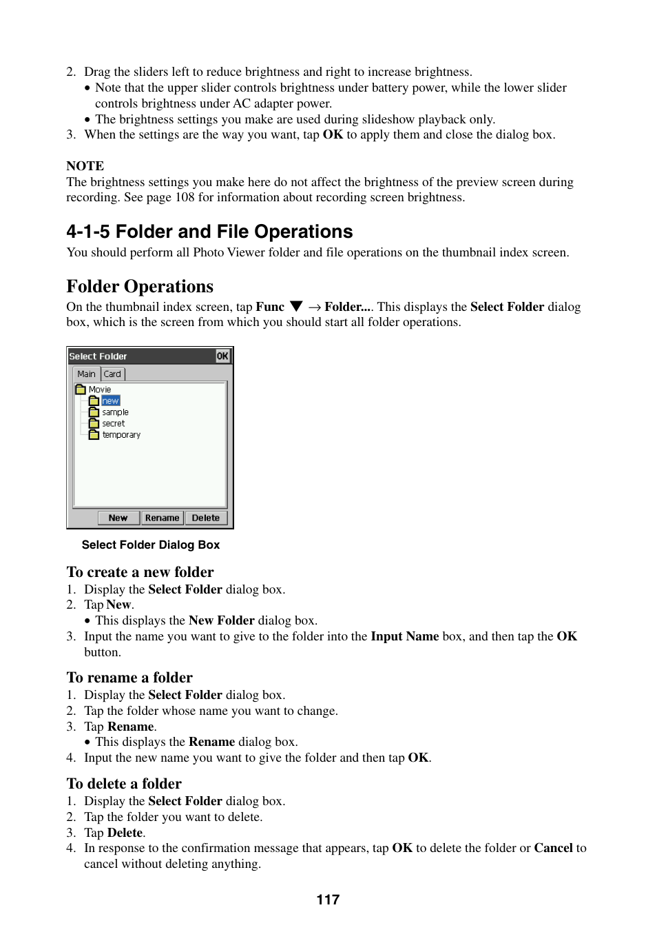 1-5 folder and file operations, Folder operations | Casio BE-300 User Manual | Page 117 / 163