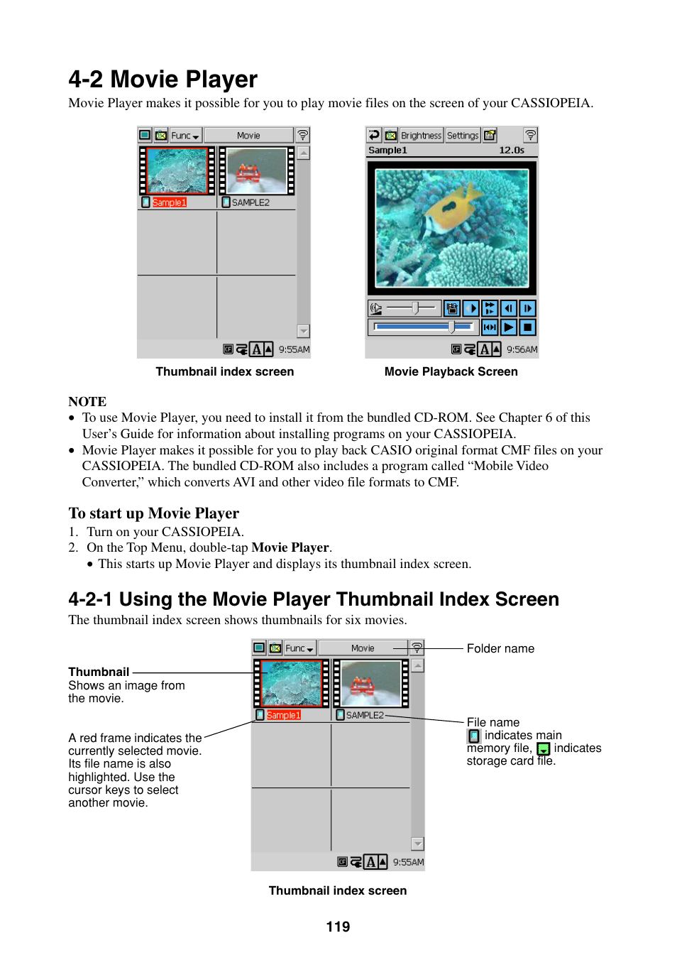 2 movie player, 2-1 using the movie player thumbnail index screen | Casio BE-300 User Manual | Page 119 / 163