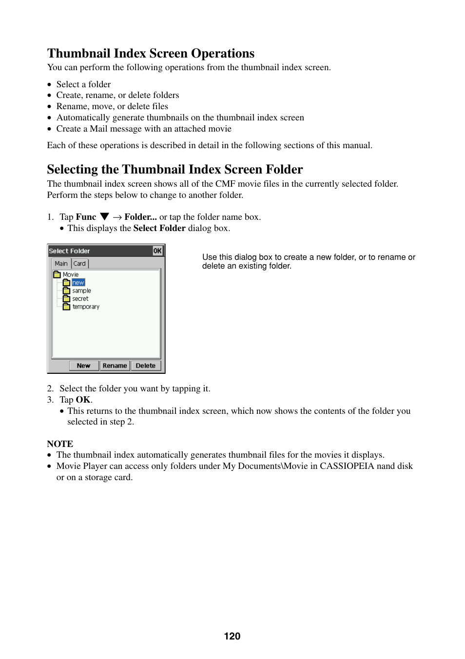 Thumbnail index screen operations, Selecting the thumbnail index screen folder | Casio BE-300 User Manual | Page 120 / 163