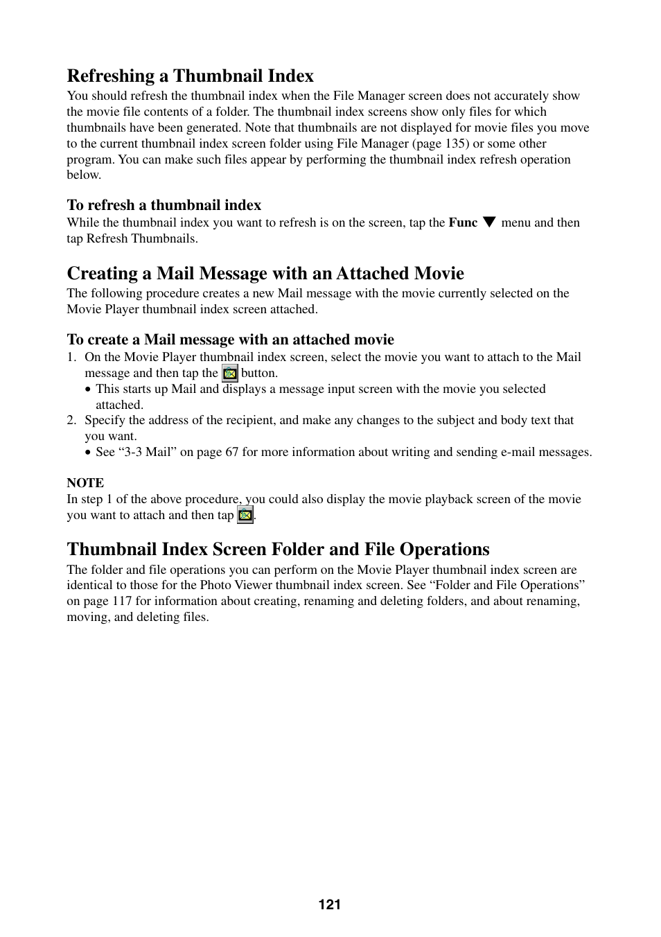 Refreshing a thumbnail index, Creating a mail message with an attached movie, Thumbnail index screen folder and file operations | Casio BE-300 User Manual | Page 121 / 163