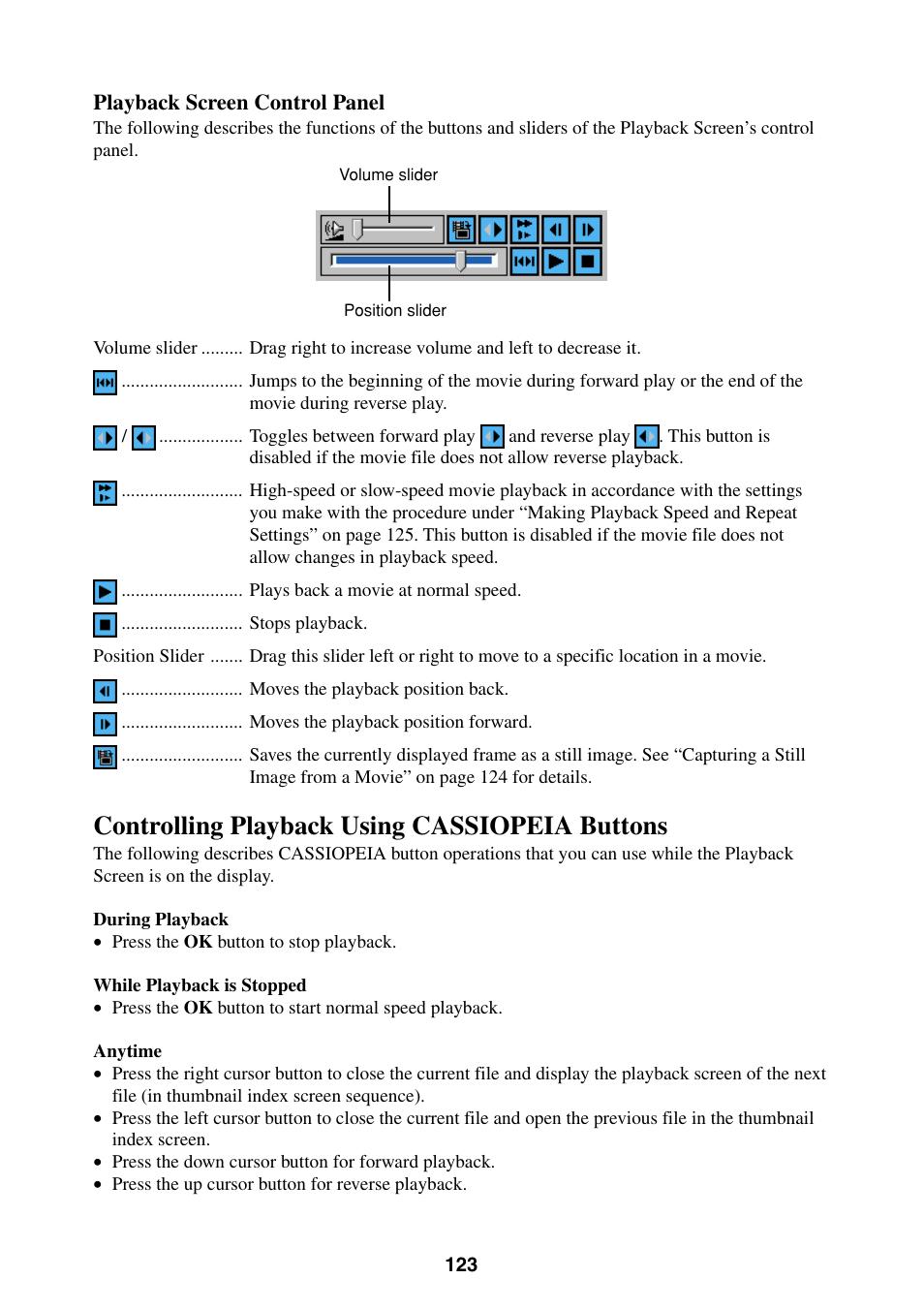 Controlling playback using cassiopeia buttons | Casio BE-300 User Manual | Page 123 / 163