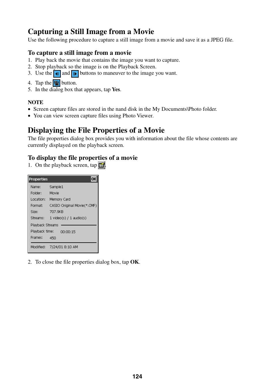 Capturing a still image from a movie, Displaying the file properties of a movie | Casio BE-300 User Manual | Page 124 / 163