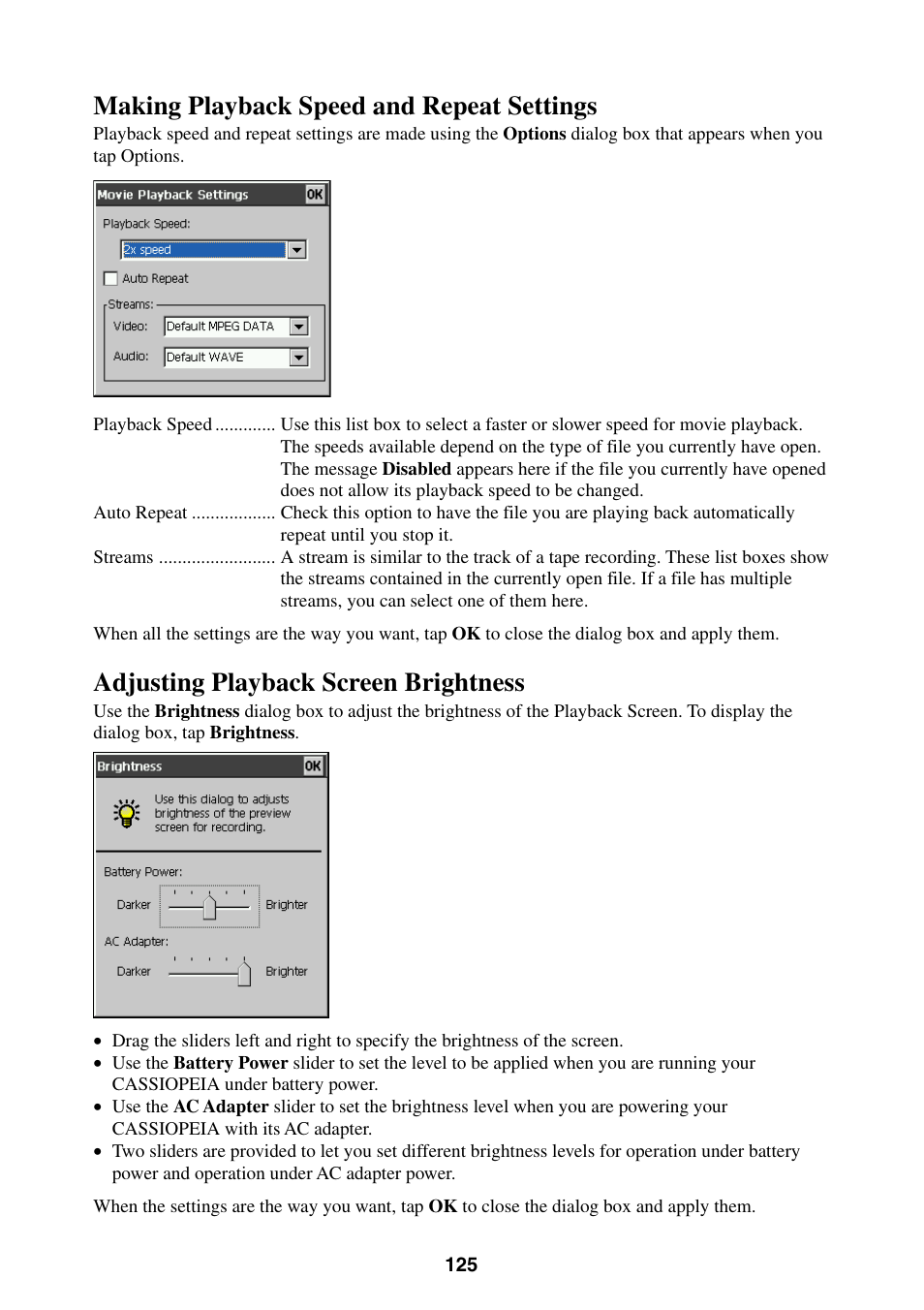 Making playback speed and repeat settings, Adjusting playback screen brightness | Casio BE-300 User Manual | Page 125 / 163