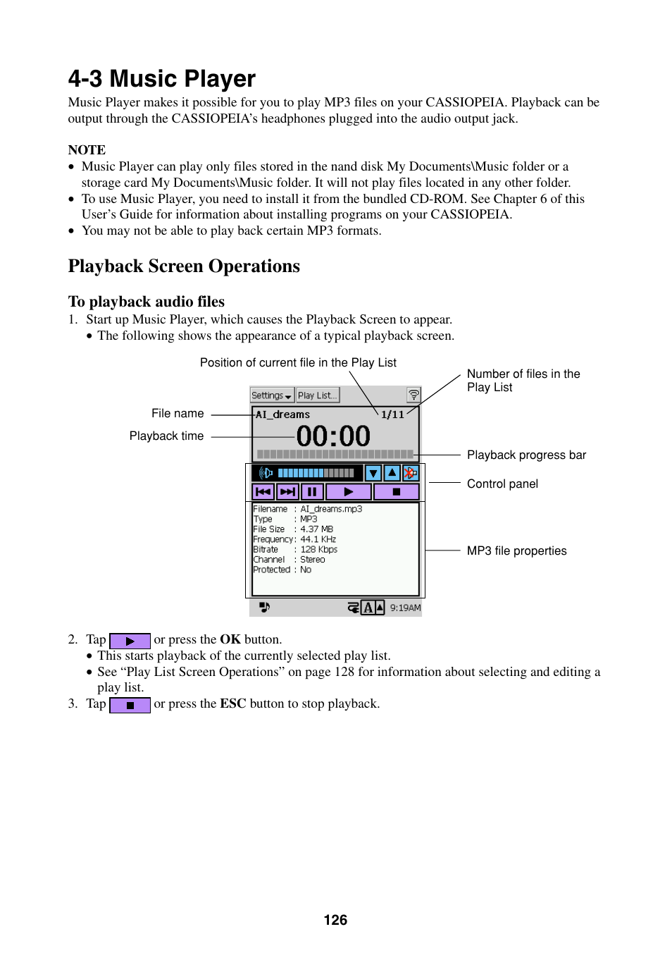 3 music player, Playback screen operations | Casio BE-300 User Manual | Page 126 / 163