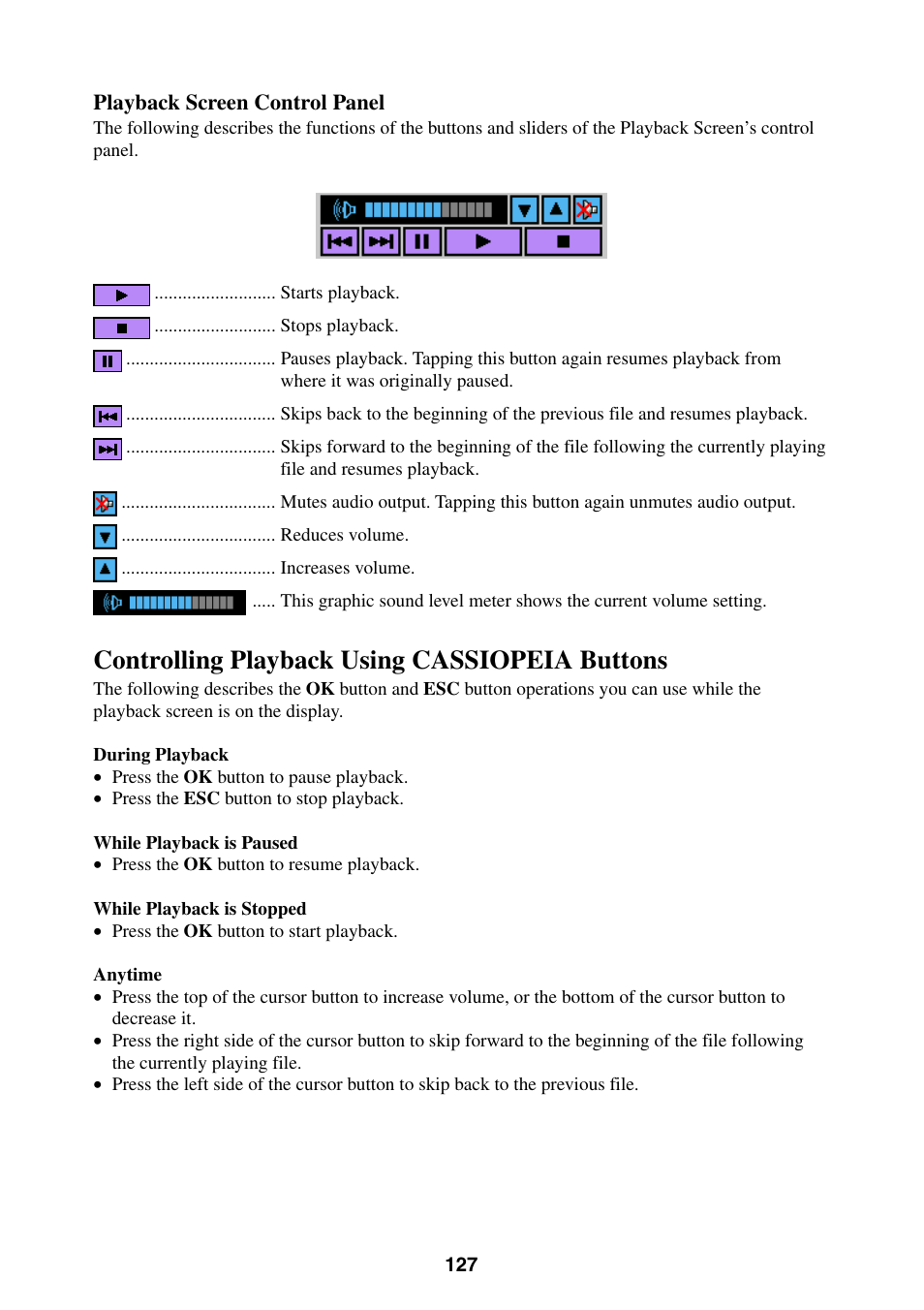 Controlling playback using cassiopeia buttons | Casio BE-300 User Manual | Page 127 / 163
