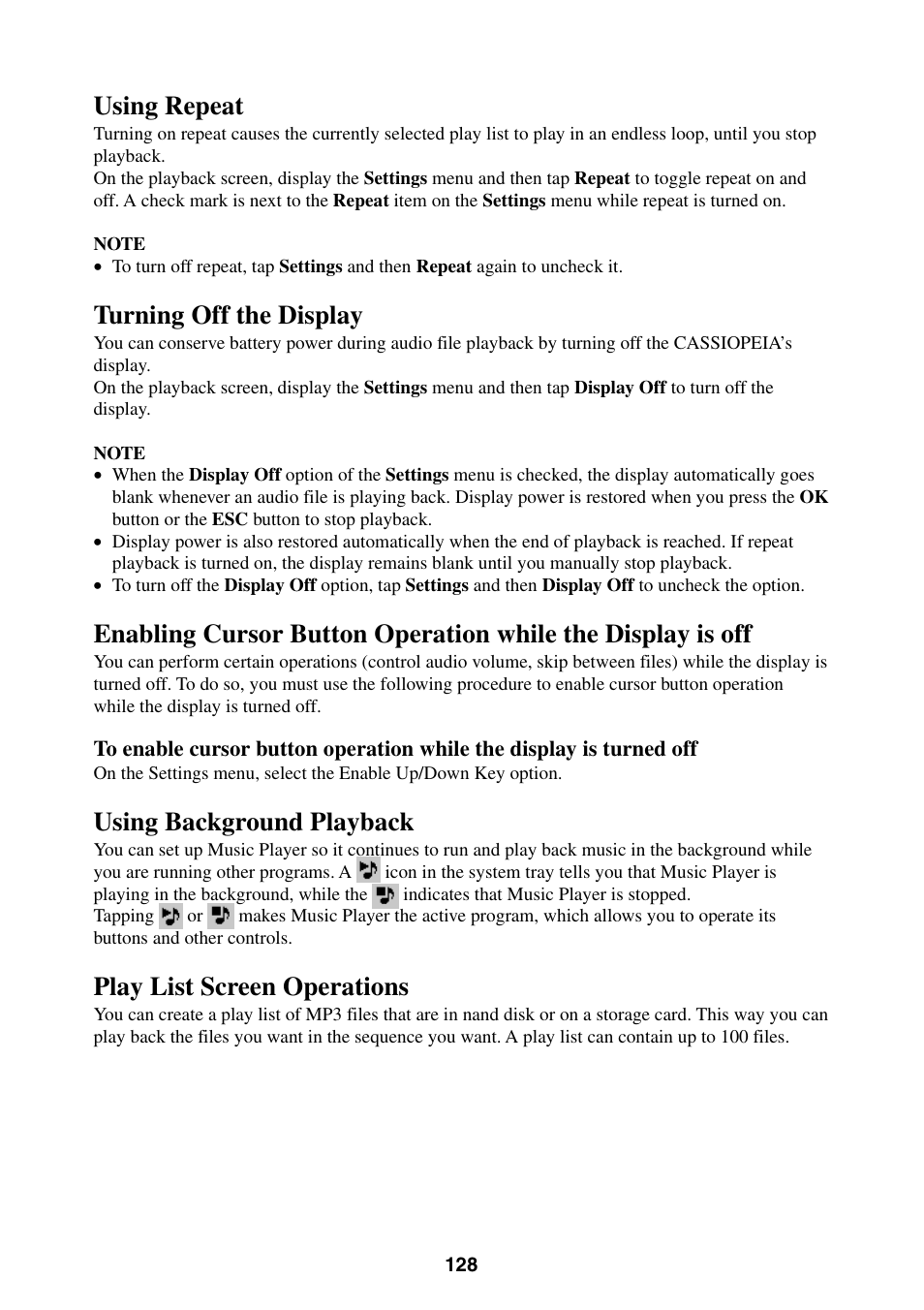 Using repeat, Turning off the display, Using background playback | Play list screen operations | Casio BE-300 User Manual | Page 128 / 163