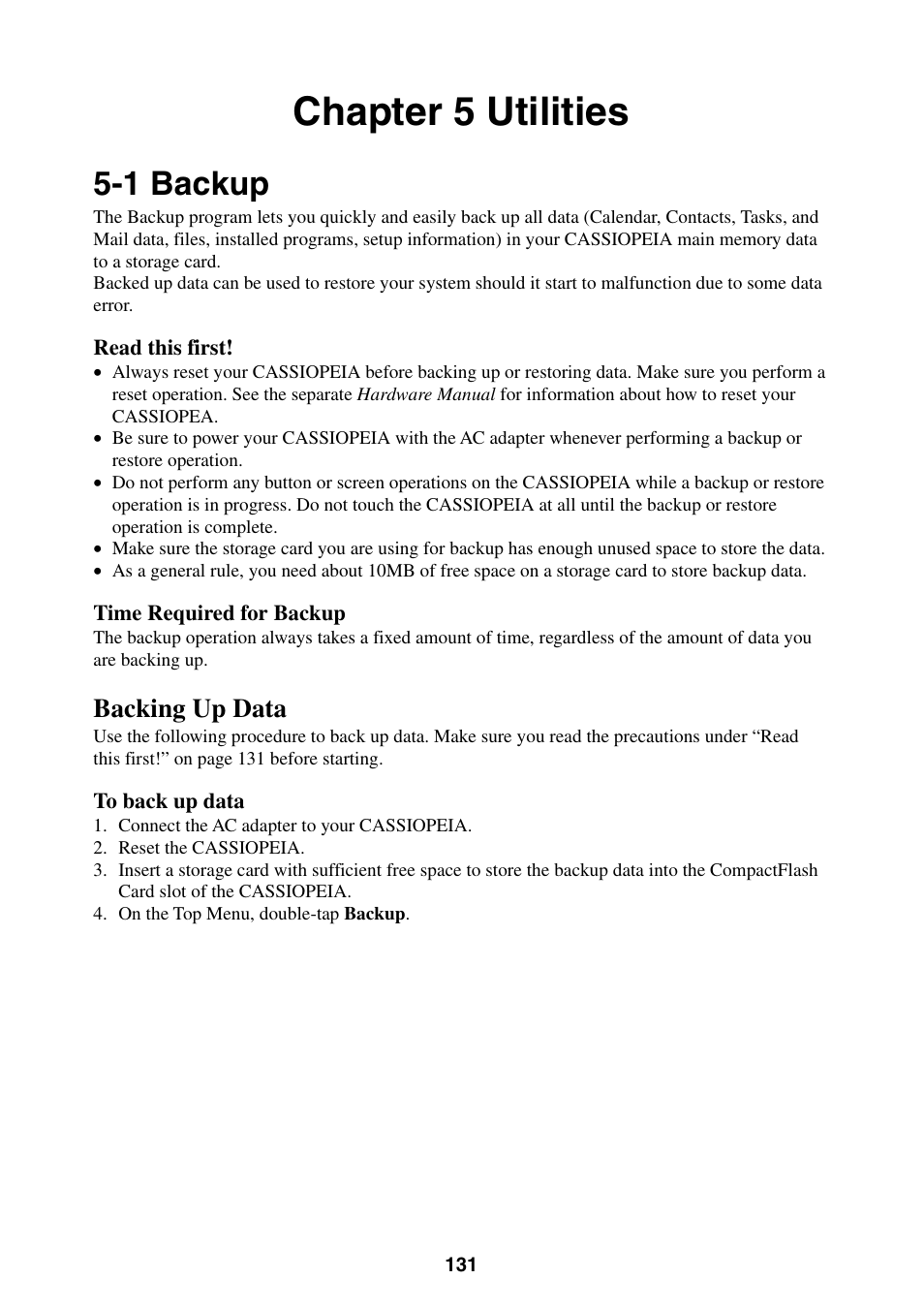 Chapter 5 utilities, 1 backup, Backing up data | Casio BE-300 User Manual | Page 131 / 163
