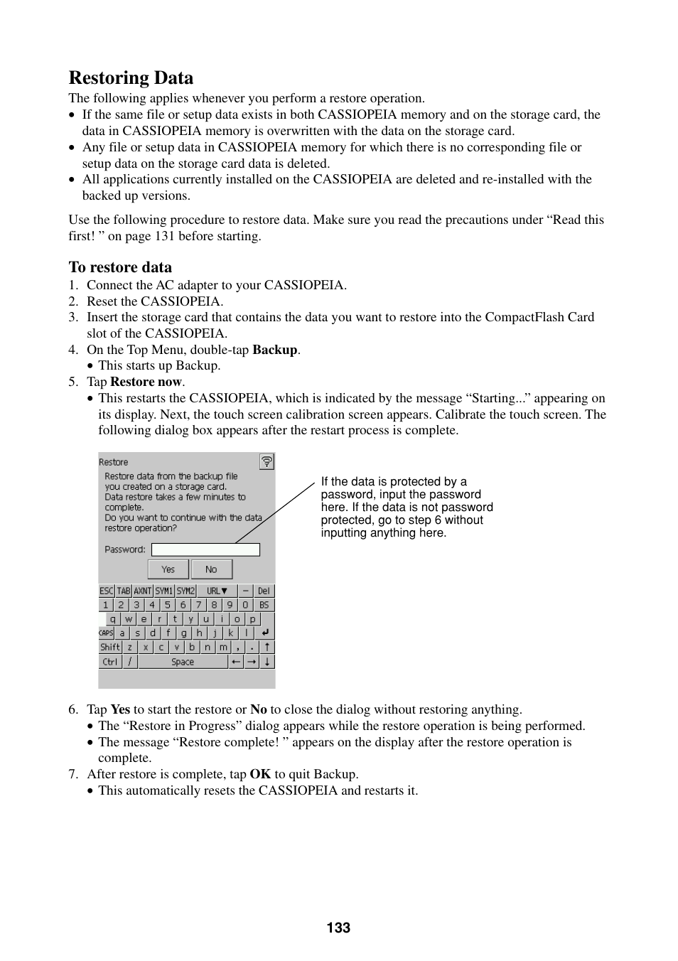 Restoring data | Casio BE-300 User Manual | Page 133 / 163