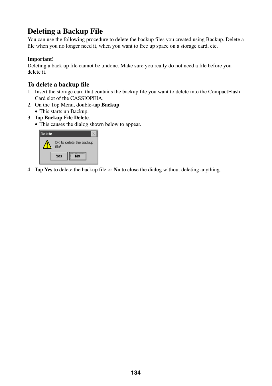 Deleting a backup file | Casio BE-300 User Manual | Page 134 / 163