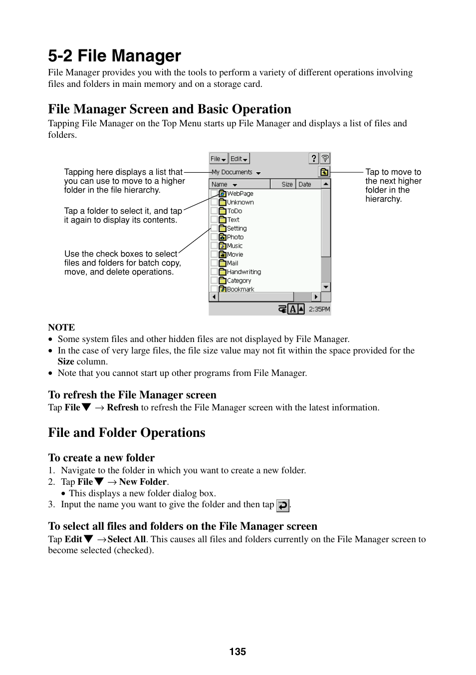 2 file manager, File manager screen and basic operation, File and folder operations | Casio BE-300 User Manual | Page 135 / 163