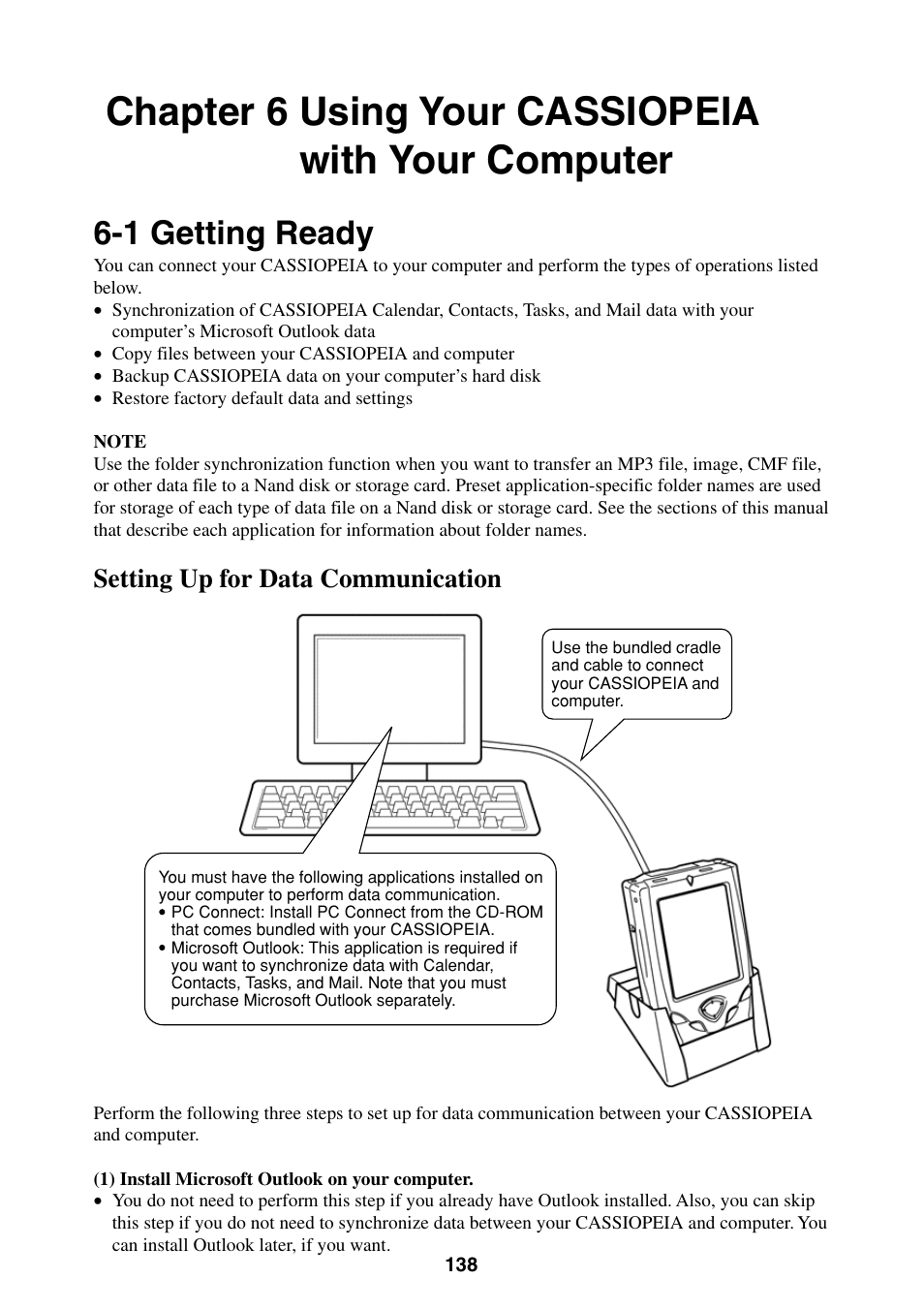 Chapter 6 using your cassiopeia with your computer, 1 getting ready, Setting up for data communication | Casio BE-300 User Manual | Page 138 / 163