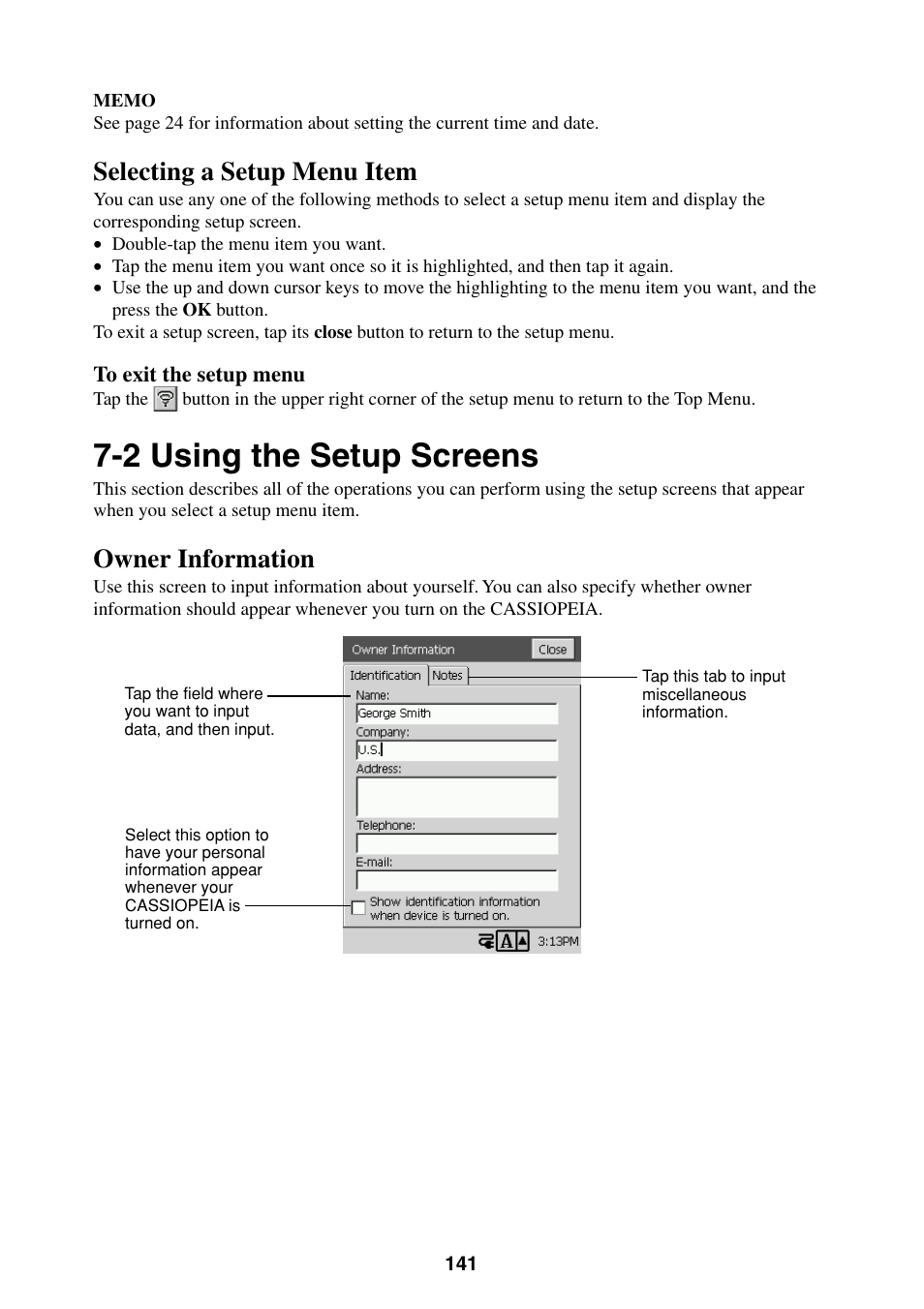 2 using the setup screens, Selecting a setup menu item, Owner information | Casio BE-300 User Manual | Page 141 / 163