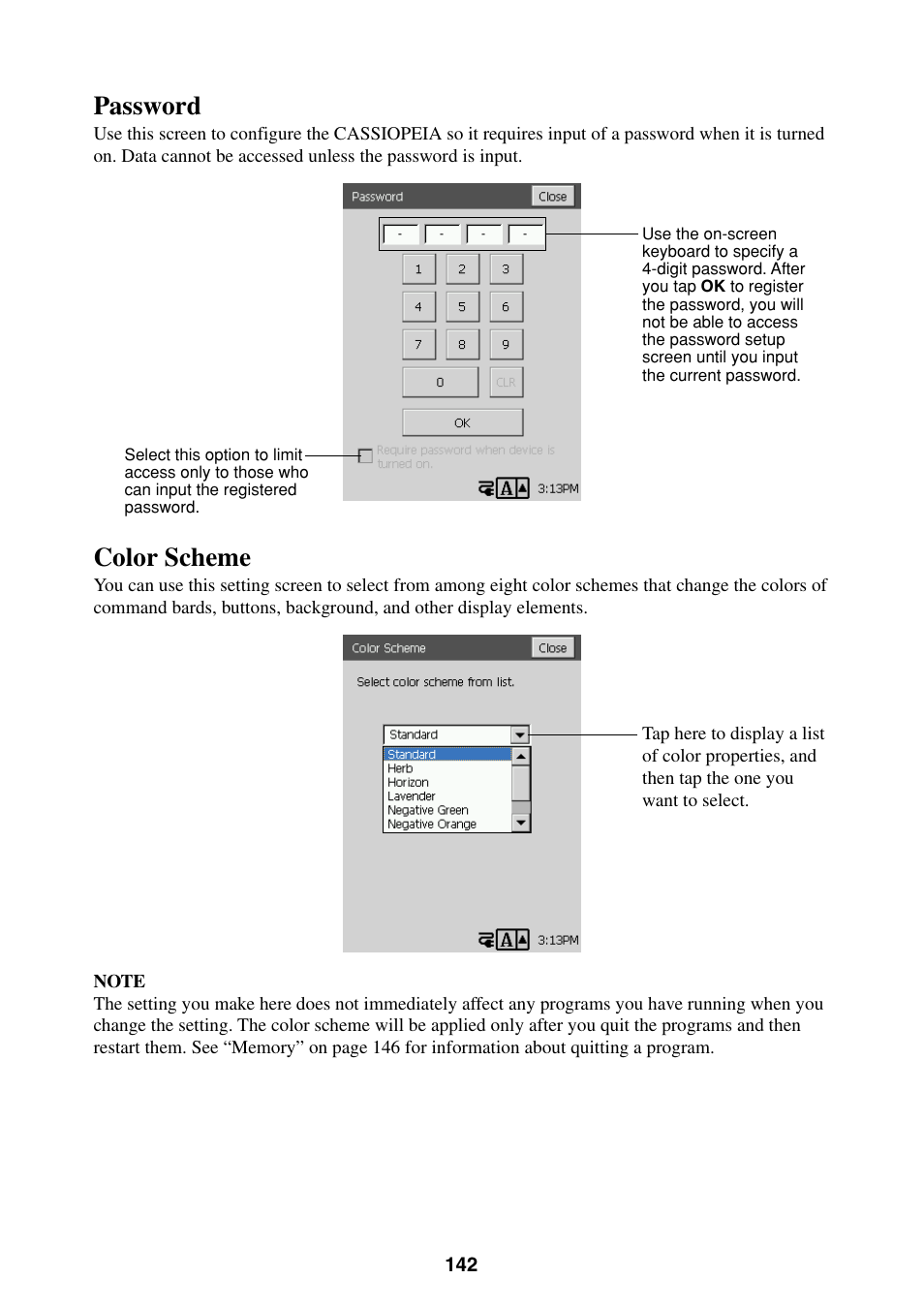 Password color scheme, Password, Color scheme | Casio BE-300 User Manual | Page 142 / 163